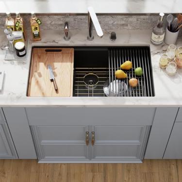 Imagem de Pia de cozinha composta de granito preto 33, pia de granito Hugsleek Undermount quartzo 83,8 x 48,3 cm, borda de estação de trabalho, montagem sob o balcão, pia de tigela única com acessórios de pias