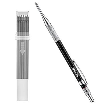 Imagem de Enhon Lápis de carpinteiro com 12 recargas, lapiseira de construção de carpintaria de furo profundo com apontador embutido, ferramentas de marcação de carpintaria preta para arquiteto Draft