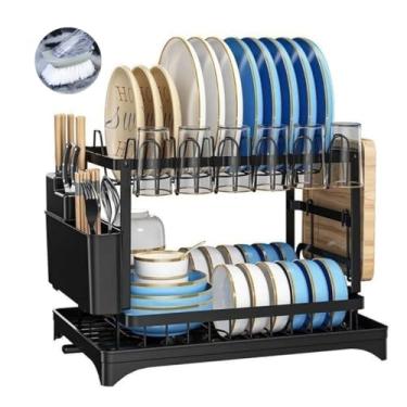Imagem de Escorredor De Louça Prato Cozinha 2 Andares Inox Bandeja Grande Moderno Preto - Com Porta Pratos Talheres Copos - Escova De Limpeza Inclusa