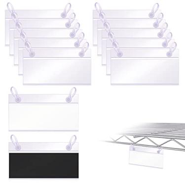 Imagem de Suporte de etiqueta para cesta, LEMGU 30 clipes de etiqueta de cesta de plástico com design de bloqueio de botão fácil, suporte para etiqueta de prateleira de arame, suporte para exibição de arame, placa de preço para mercado doméstico (60 peças de papel de etiqueta incluídas)