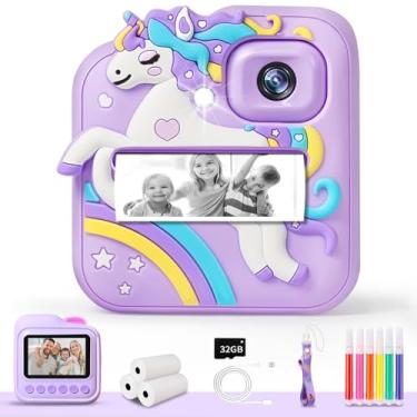 Imagem de Câmera infantil com impressão instantânea, câmera digital infantil de 48 MP e 1080p com capa de silicone e 3 rolos de papel de impressão, canetas e cartão de 32 g, presentes de aniversário de Natal