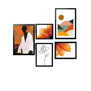 Imagem de Kit 5 Quadros Decorativos Com Moldura Preta Menina Tropical
