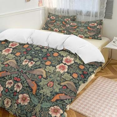 Imagem de AAVEUP Conjunto de edredom com 3 peças, William Morris, vintage, rústico, natural, abstrato, arte botânica, estampado, todas as estações, lençol de cama 2 fronhas 228 x 228 cm