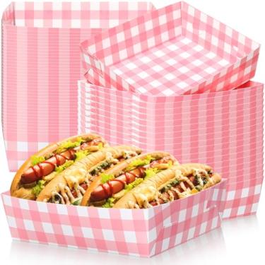 Imagem de Suclain Pacote com 36 bandejas de papel guingão rosa claro e branco 2,3 kg resistentes à gordura grandes bandejas de servir lanches barcos descartáveis para chá de bebê, casamento, chá e festa