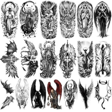 Imagem de Yazhiji 77 Folhas De Tatuagens Temporárias Para Adultos, Adesivos Tatuagem Falsa Anjo E Demônio Halloween, Asas Meio Demônio, Braço Caveira Vampiro, Mulheres, Homens Crianças