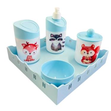 Imagem de Kit Higiene Bebê Floresta Encantada c/bandeja MDF - Menino e Menina (Quadrada Azul/Azul)