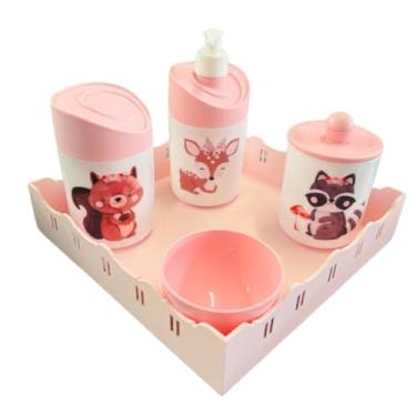 Imagem de Kit Higiene Bebê Floresta Encantada II Menina c/bandeja em MDF (Quadrada Rosa/Rosa)