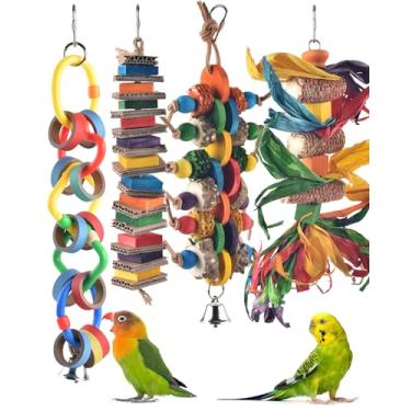 Imagem de Bissap 4 peças de brinquedos para mastigar pássaros, bagel multicolorido, cascata, pássaro, papagaio, papel mordendo, anéis olímpicos, brinquedos de conures para calopsitas da Amazon, cacatuas, araras