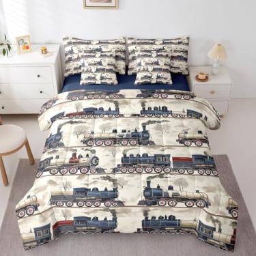 Imagem de Erosebridal Jogo de cama infantil vintage, trem a vapor, com lençóis, locomotiva ferroviária atemporal, retrô, clássico, veículos a vapor, locomotiva atemporal, com 2 fronhas e 2 fronhas