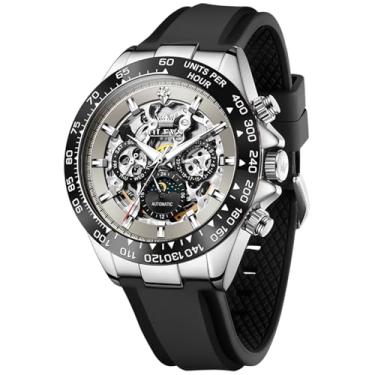 Imagem de OLEVS Relógio automático masculino esqueleto com corda automática, aço inoxidável, silicone, à prova d'água, luminoso, diamante, seis ponteiros, fase da lua, relógio mecânico, 6713: cinza-prata