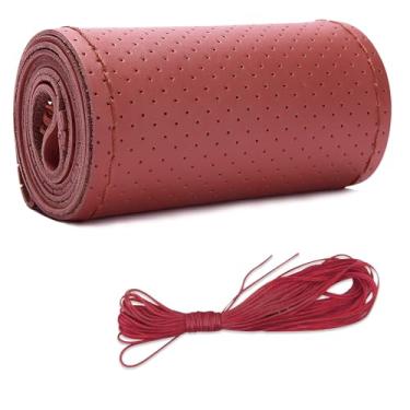 Imagem de Capa de volante de couro de microfibra, costura DIY com agulha e linha, protetor de volante de carro antiderrapante respirável, universal de 38 cm, costura automática para volante (vermelho, orifício