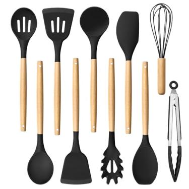 Imagem de HaWare Conjunto de utensílios de cozinha de silicone, 10 peças de utensílios de cozinha antiaderentes com cabo de madeira, resistente ao calor de 232 °C - preto