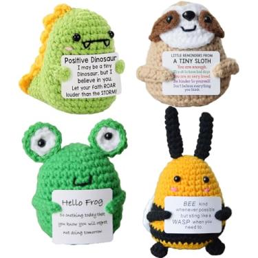 Imagem de JoyChoi Animais de crochê de apoio emocional – Mini bichos de pelúcia feitos à mão: sapo, dinossauro, preguiça e abelha – decoração positiva de mesa e quarto – presentes fofos para alívio do estresse