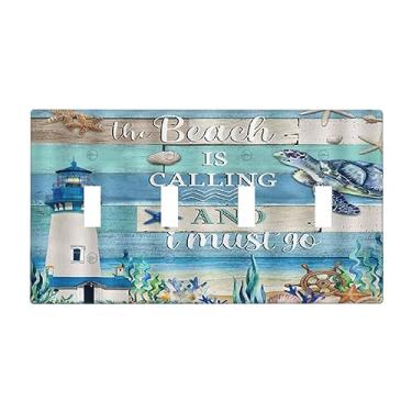 Imagem de Placa decorativa vintage rústica de madeira náutica tartaruga-marinha, marinha, 4 gangs, placa decorativa de interruptor quádruplo placa frontal elétrica para banheiro, quarto, cozinha, decoração de casa