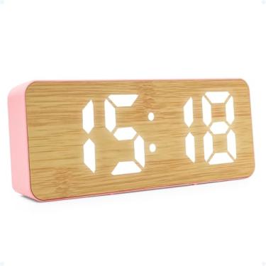 Imagem de Relogio Digital De Mesa Despertador Cabeceira Criado Mudo Display LED 12/24H Para Casa Quarto Escritório Setup Moderno Madeira Com Alarme Calendario, Rosa
