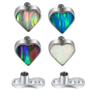 Imagem de 4 peças 14 g G23 titânio hipoalergênico opala coração estrela âncora dérmica e base microdérmica joias para lábios, bochechas, peito piercing corporal (coração opala)