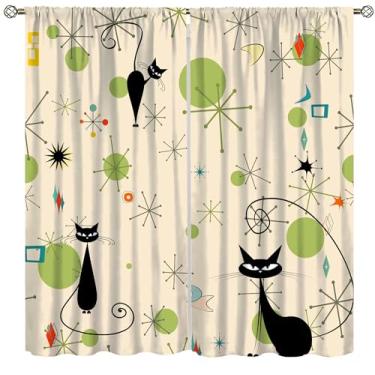 Imagem de Cortinas blackout modernas de meados do século, arte abstrata vintage dos anos 1950 tratamentos de janelas de gato preto estrela atômica, cortinas com isolamento térmico para meninas, crianças, sala