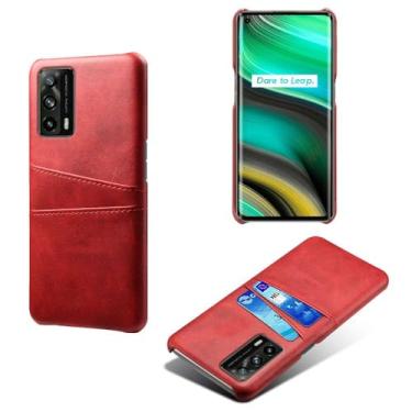 Imagem de Capas Compatível com OPPO Realme X7 PRO Ulrta,tampa protetora de couro falso,design de saco de cartão com 2 fendas de cartão atrás,proteção anti-impressão digital e anti-gota-Red
