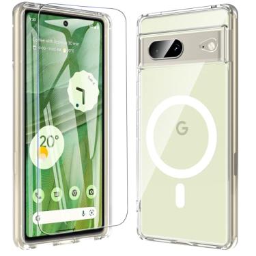Imagem de ottpluscase Capa magnética para Google Pixel 7 com protetor de tela, compatível com MagSafe, proteção militar, à prova de choque, antiarranhões, capa fina para Pixel 7, transparente