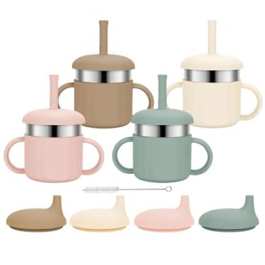 Imagem de EsOfficce Copos Com Canudo Para Bebês, Copo De Treinamento 7,4 Oz 3 Estágios, Crianças 6 A 12 Meses E 1 Anos, Aço Inoxidável Canudos Silicone, 4 Cores