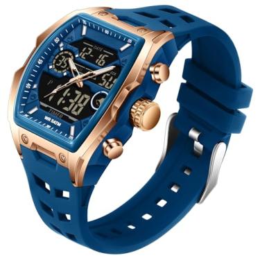 Imagem de findtime Relógio digital masculino à prova d'água para homens, alarme analógico, cronômetro, cronômetro, relógio de pulso com design exclusivo Tonneau e pulseira de silicone, Ouro rosa, azul, Casual