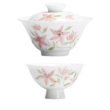 Imagem de Conjunto de chá Gongfu pintado à mão boutique – Flor de pêssego em porcelana branca pura, inclui bule de chá, Gaiwan, xícaras de chá e bandeja de bule, presente de cerimônia de chá, conjunto de chá