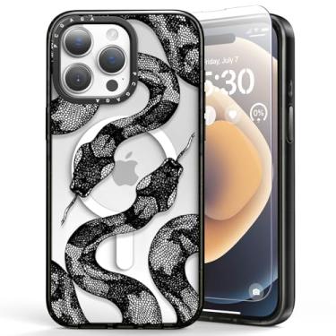 Imagem de pcgaga Capa magnética compatível com iPhone 15 Pro Max de 6,7 polegadas com Magsafe - parte traseira transparente em relevo, amortecedor fino de TPU, protetor de tela, alça de pérola, proteção total