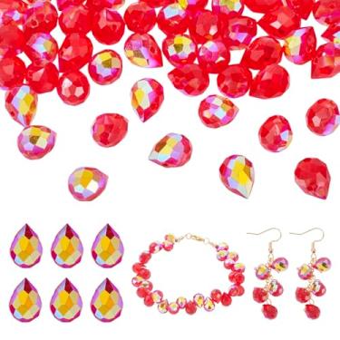 Imagem de Boutigem 50 peças de contas de gota de vidro facetadas vermelhas galvanizadas na parte superior perfuradas soltas espaçadoras contas transparentes gota de água gota de gota pingentes de lustre para