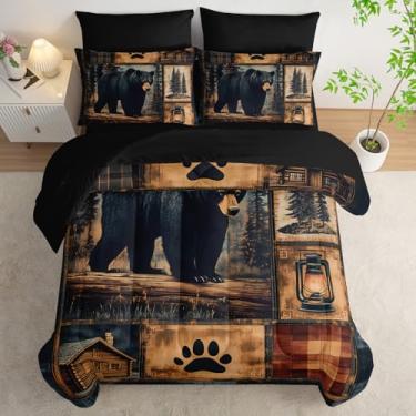 Imagem de AILONEN Jogo de edredom de urso rústico preto, 7 peças, cama macia em uma bolsa, edredom retrô de caça à vida selvagem, lençol de cima, 2 fronhas, 2 fronhas para quarto