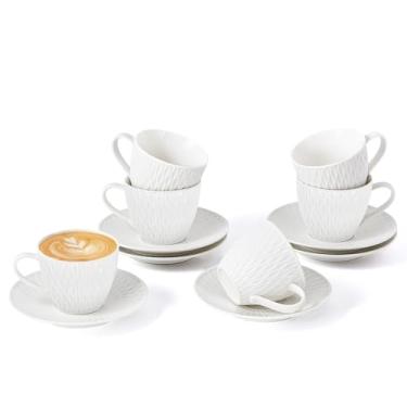 Imagem de Conjunto de 6 xícaras de café expresso e pires de cerâmica para cappuccino barista de 170 g com pires, canecas de café empilháveis para Demitasse, Au Lait, Latte, Café Mocha, chá, presente de