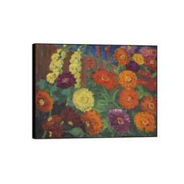 Imagem de Pintura de arte de parede - Zinnias e Hollyhocks-Famous Canvas Prints Ready to Hang-Canvas Picture Reprodutions - Pôster de arte para sala de estar 70 x 90 cm 28 x 35 polegadas moldura preta