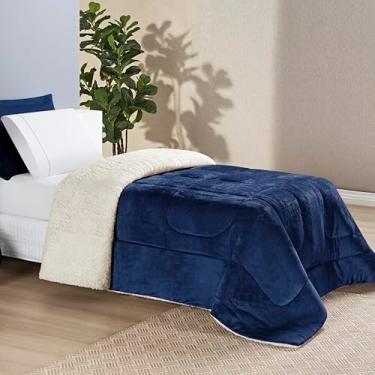 Imagem de Kit Coberdrom + Jogo de Lençol Solteiro 400 fios 3 Peças Edredom Dupla Face Cobertor Pele de Carneiro Macio (Azul Marinho)