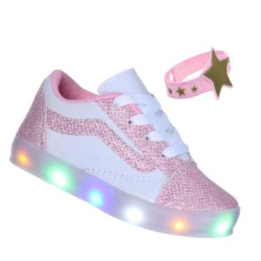 Imagem de Tenis Luminoso com Luz Pisca Branco Rosa Infantil Glitter - Pemania, 3