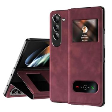 Imagem de HAOMRIYL Capa de couro para Samsung Galaxy Z Fold 7, Smart Small Screen View Flip Protection Cover Holder Kickstand Capa de corpo inteiro à prova de choque, vermelha, dobra 7