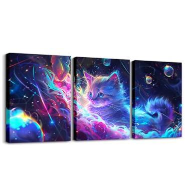 Imagem de Adorável gato impressão de arte de parede planetas espaço exterior nuvens coloridas galáxia sonhador arte de parede para crianças adolescentes adultos bonito aquarela gradiente animal pôsteres