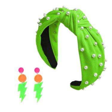 Imagem de JHJEWH Conjunto de brincos e tiaras dos anos 80 para mulheres, brincos neon retrô, faixa de cabelo com nó de pérola, brinco de gota de acrílico relâmpago, faixa de cabelo de nó largo, acessórios de