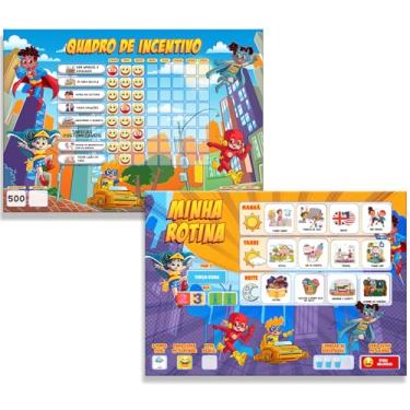 Imagem de Quadro de Rotina Infantil + Quadro de Incentivo ao Bom Comportamento Recompensa 30x40 + Caneta + 200 tags para Geladeira (Heróis)