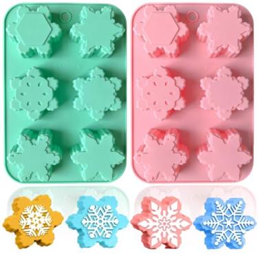 Imagem de 2 peças de moldes de sabão de vela de silicone floco de neve para assar o Natal, chocolate, doces, bolos, bolachas, geleia, muffin, formas de cubos de gelo, moldes de cozimento faça-você-mesmo para