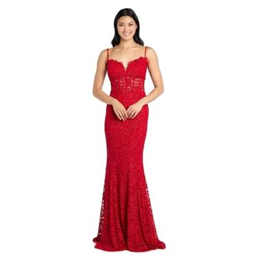 Imagem de Espartilho deslumbrante de renda com glitter vermelho com abertura nas costas e alças finas - Vestido formal longo juvenil, Vermelho, 5