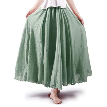 Imagem de ASHER FASHION Vestido maxi longo de linho de algodão com cintura elástica estilo boêmio, Verde claro, G