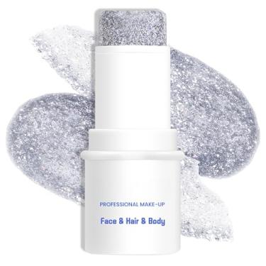 Imagem de LOKFAR Bastão de maquiagem com glitter prateado para corpo e rosto, gel multiuso à prova d'água com glitter para rosto, corpo e lábios, bastão de tinta de lantejoulas holográficas, acessórios de