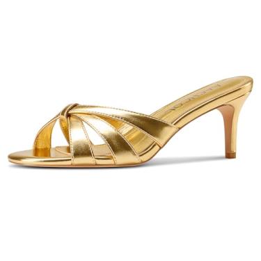 Imagem de Aachcol Sandálias femininas de salto baixo com tiras de salto baixo, bico aberto, sapatos de festa de 3,5 cm, Dourado, 35