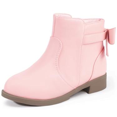 Imagem de PANDANINJIA Botas infantis modernas para meninas, botas de cano curto, com laço e zíper lateral, Poliuretano rosa, 19