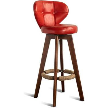 Imagem de Cadeira De Bar Cadeira Apoio Para Os Pés Com Encosto Pu Giratório Assento Vermelho Jantar Para Cozinha Pub Café Bar Com Pernas De Madeira Max. Carga 150 Kg, Brown, Seat height:53cm