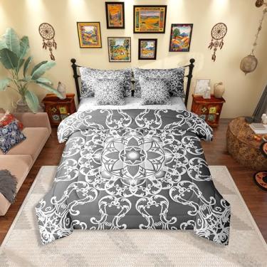 Imagem de Erosebridal Conjunto de edredom floral King Size Paisley em uma bolsa para crianças, meninas, mulheres, estética vitoriana, branca, cinza, bege, todas as estações, conjunto de cama de 7 peças