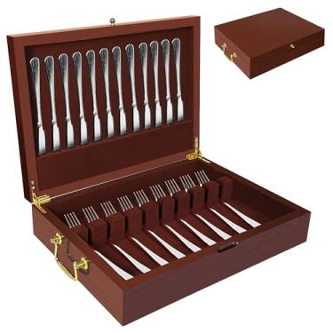 Imagem de Caixa de armazenamento de talheres de madeira com tampa, organizador de talheres com alça e forro de feltro, baú de armazenamento de talheres para talheres e utensílios, presente de decoração de casa