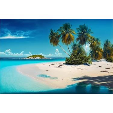 Imagem de Quadro Decorativo com Estampa Beach Landscape Blue Water And Palm 40 x 40 Papel 2 unidades