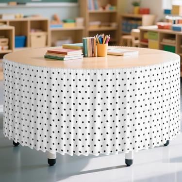 Imagem de Saia de mesa de bolinhas preta e branca de 3,5 m para decoração de sala de aula com babados para decoração de sala de aula, mesa de volta às aulas, material de festa, jardim de infância, escritório