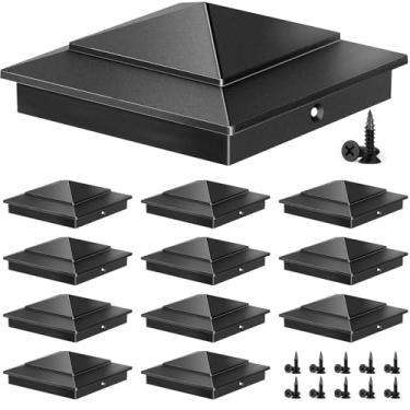 Imagem de Toscoco Pacote com 12 tampas de alumínio para postes de pirâmide de 15 cm x 15 cm (reais 14 cm x 14 cm) poste de madeira cerca de cedro corredor de deck caixa de correio terminam, tampa de poste de