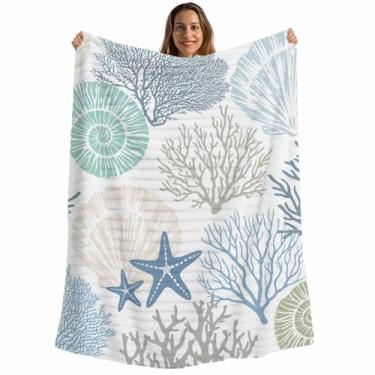 Imagem de Cobertor azul costeiro, coral praia estrela-do-mar, cobertores macios macios para sofá-cama viagens, oceano, concha, microfibra, listrado, flanela, cobertores leves 76,2 x 101,6 cm